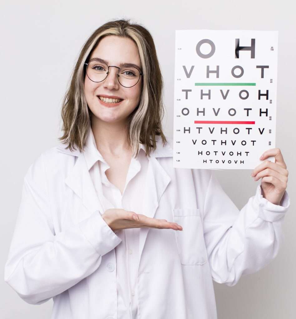 pretty caucasian woman smiling cheerfully, feeling happy and showing a concept. optical concept